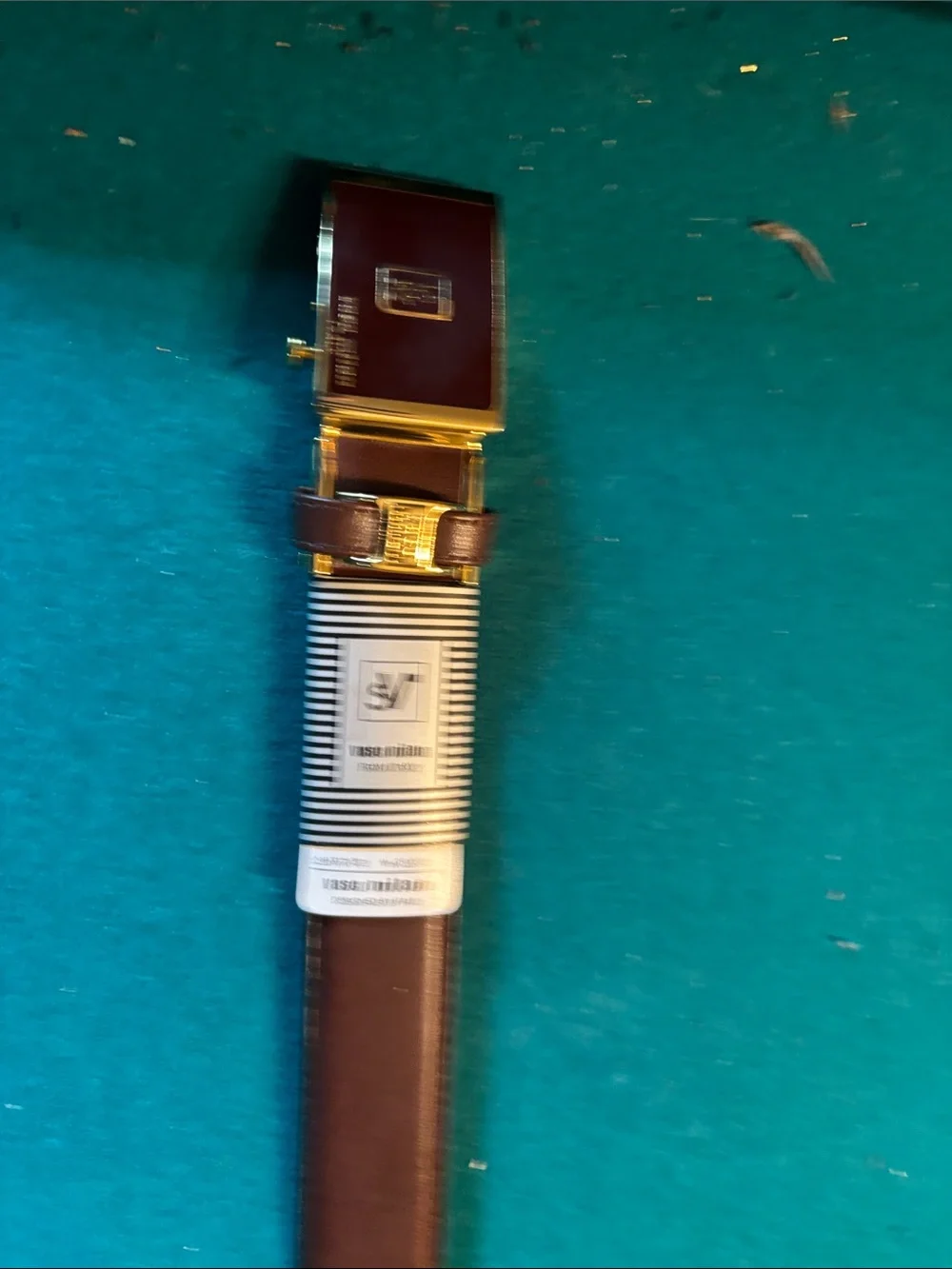 Brown Leather Belt with Gold Rectangular Buckle Vaso Milan NWTs.
